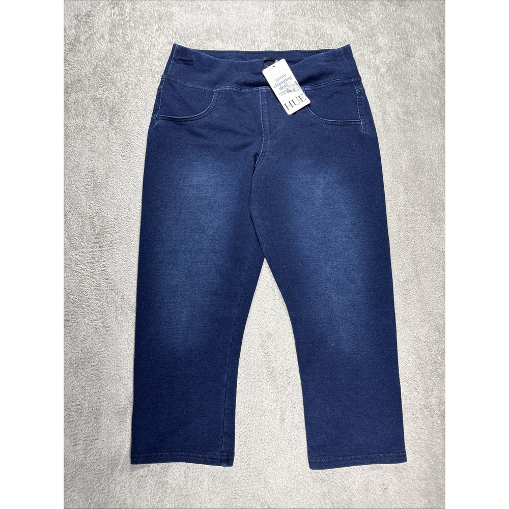 NWT HUE Women's Game Changing High Rise Capri Denim Legging Dark Rinse Wash